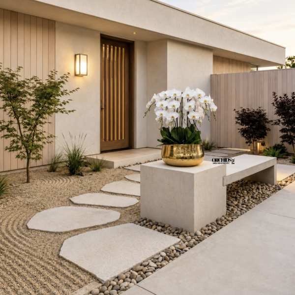 White orchid arrangement in a gold bowl on a modern outdoor bench