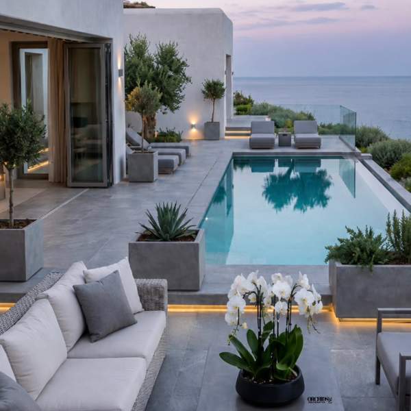 White orchids in a black pot on a modern patio beside a pool.