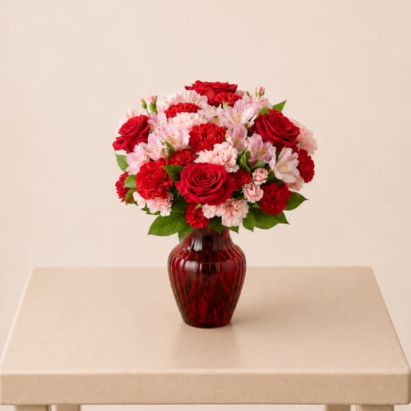 Red roses and pink carnations arranged in a red glass vase