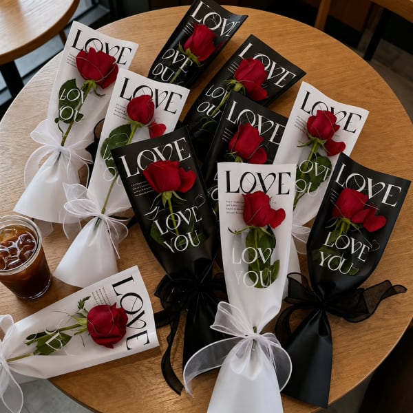 Wrapped single red roses with "LOVE" text on black and white sleeves