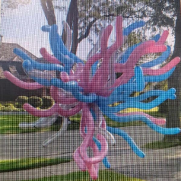 Pink and blue balloon sculpture on a yard stake