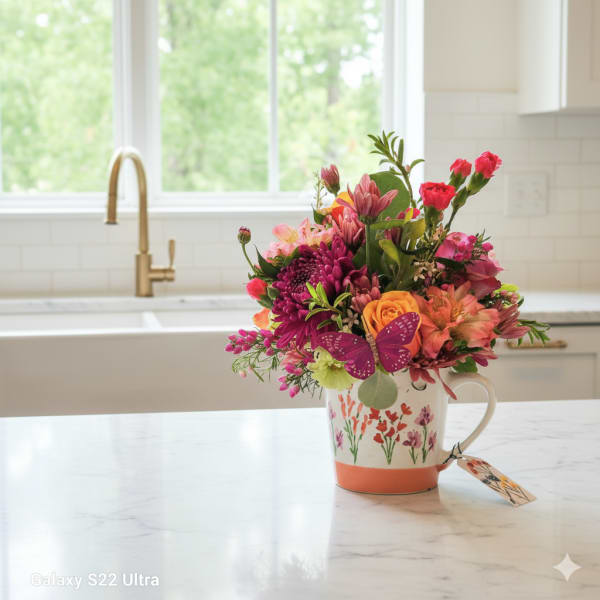 Bright pink and orange mixed flower arrangement in a painted floral mug with a butterfly accent.