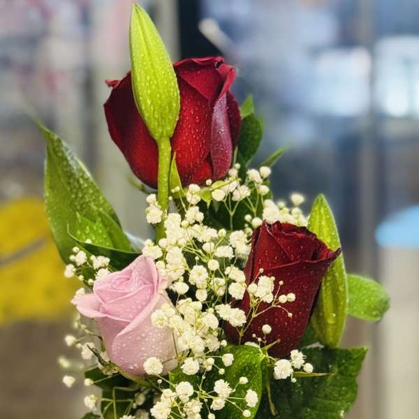 Bouquet of red and pink roses in a glass vase with a plush toy