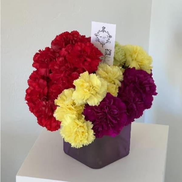 Bouquet of red, yellow, and purple carnations in a dark box