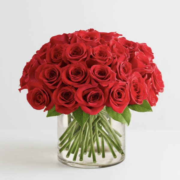 Bouquet of red roses in a clear glass vase