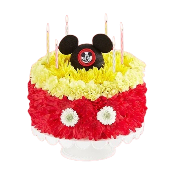 Mickey Mouse-themed floral cake with candles