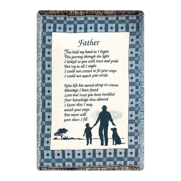 Blue woven blanket with a father poem and silhouette scene