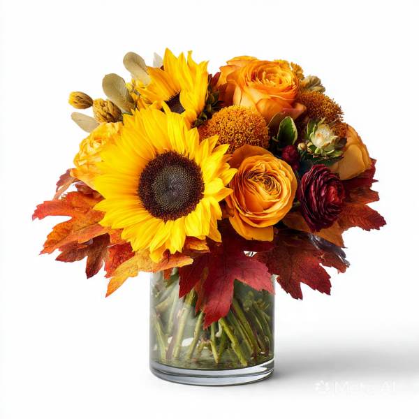 Sunflower and orange rose arrangement in a glass vase