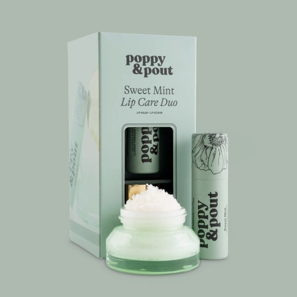 Mint-colored lip care duo box with balm, scrub, and jar