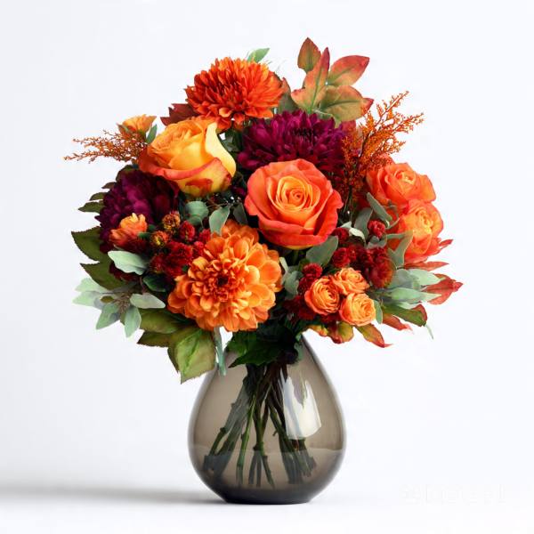 Orange and purple flower bouquet in a smoky glass vase