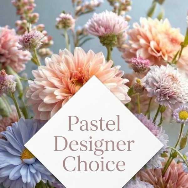 Pastel mixed flowers with a "Pastel Designer Choice" label