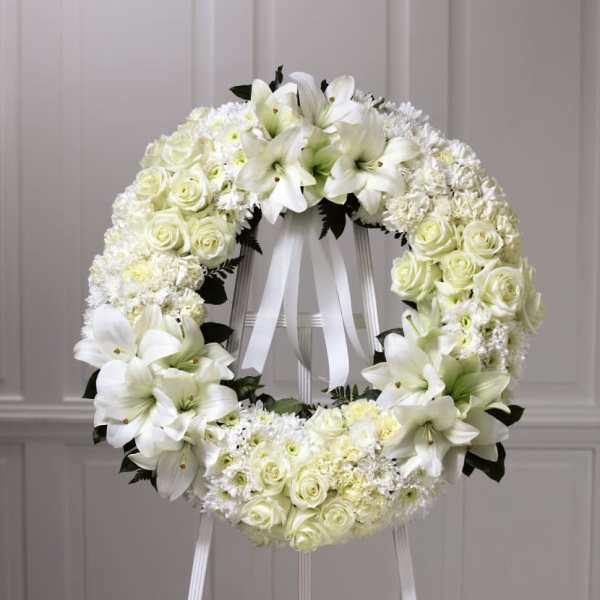 White floral wreath on a stand with roses and lilies