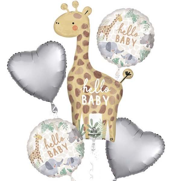 Baby shower balloon bouquet with giraffe and heart balloons