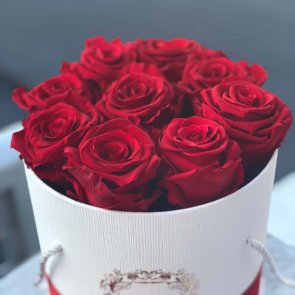 Red roses arranged in a white round box with a red ribbon