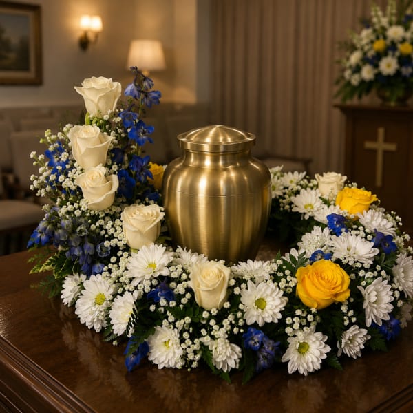Navy, white and yellow urn wreath
