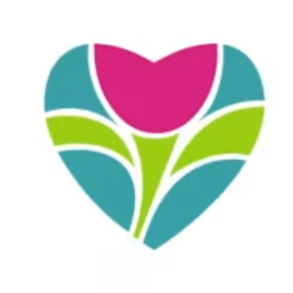 Stylized flower logo in pink, teal, and lime green