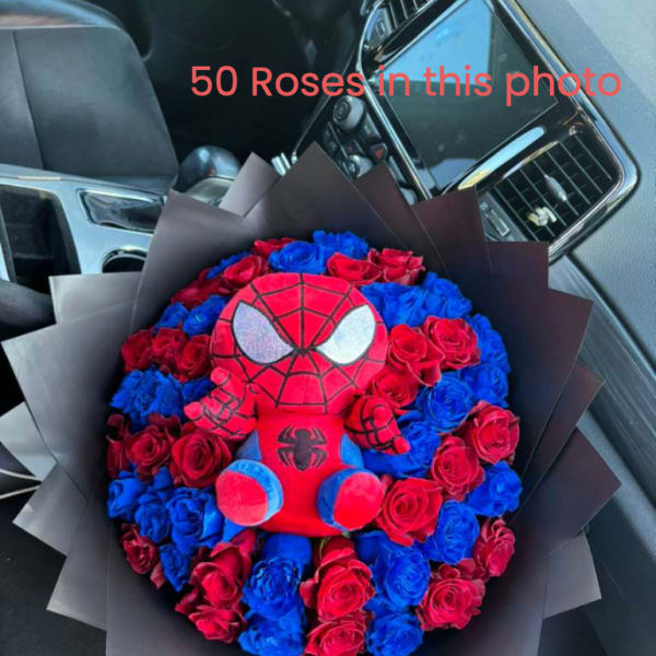 Bouquet of red and blue roses with a Spider-Man plush centerpiece