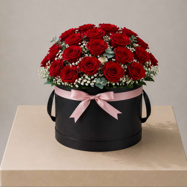 Red roses arranged in a black round box with a pink ribbon