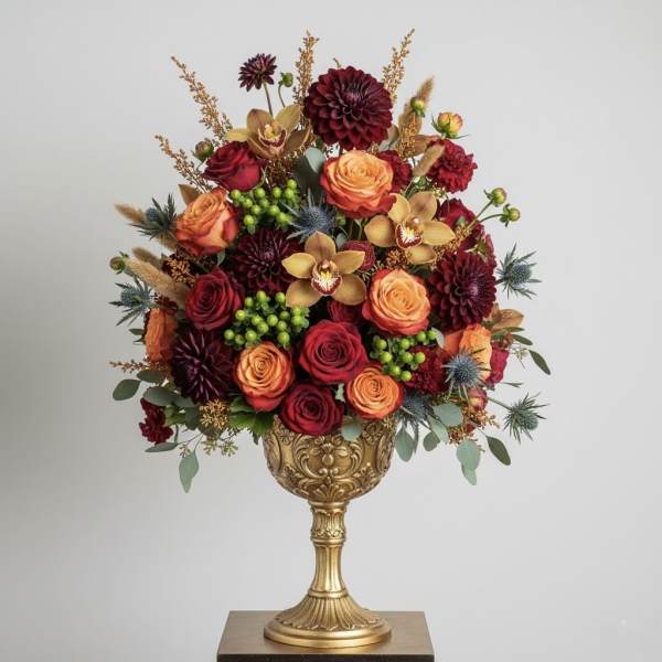 Mixed floral arrangement in an ornate gold pedestal vase