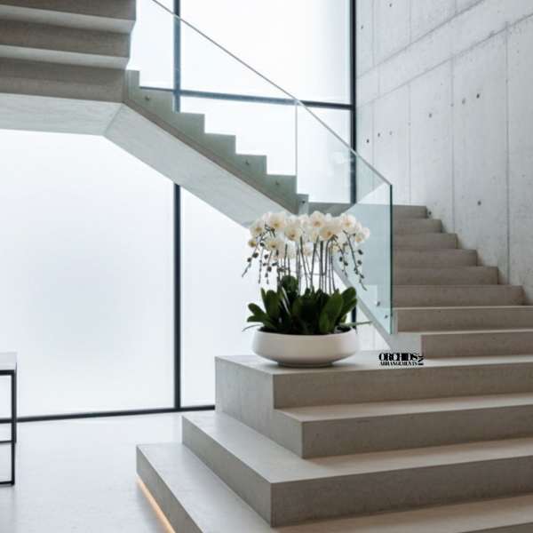 White orchid arrangement in a shallow white bowl on a staircase landing