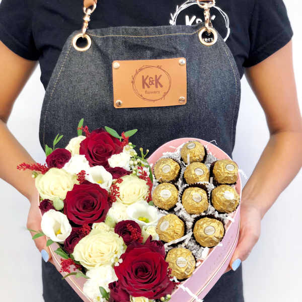 Flowers & Ferrero Heart Box Red And White