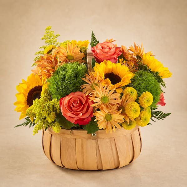 Basket arrangement with sunflowers, roses, and yellow daisies