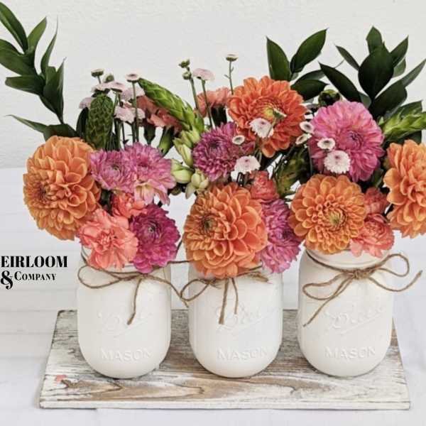 Three mason jars filled with orange and pink flowers