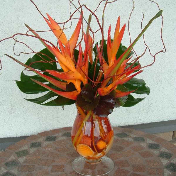 Orange tropical flowers arranged in a glass vase