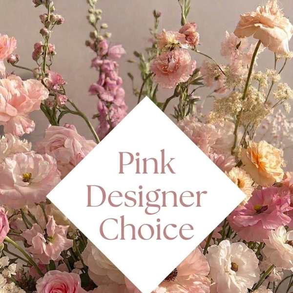 Pink and white mixed flowers with a "Pink Designer Choice" label