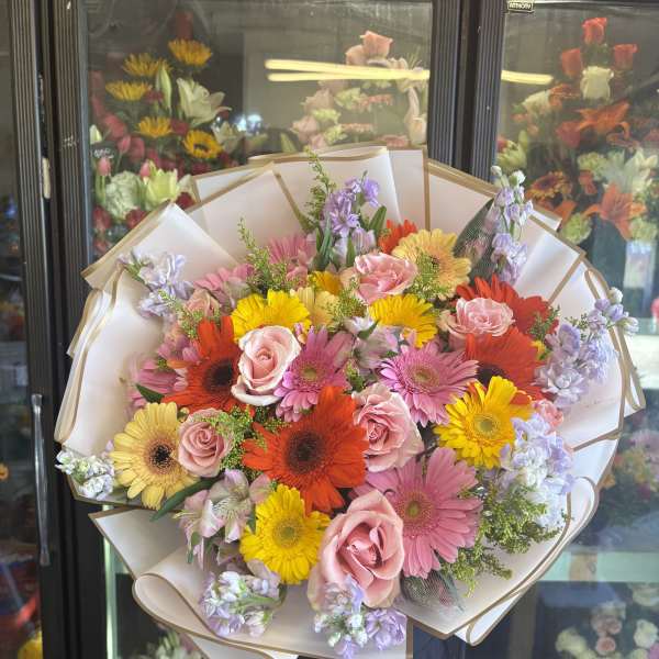 Gerbera Daisy Mixed Color Bouquet with Purple Stock