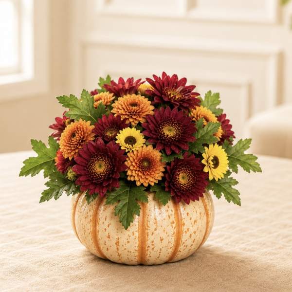 Mixed chrysanthemums arranged in a pumpkin-shaped container