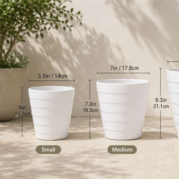 Three white tapered plant pots labeled small, medium, and large