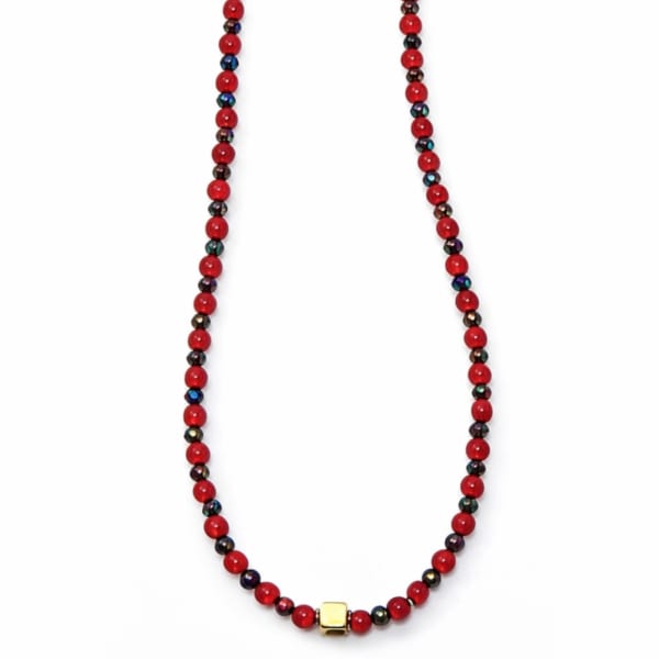 Red beaded necklace with gold clasp and accent beads
