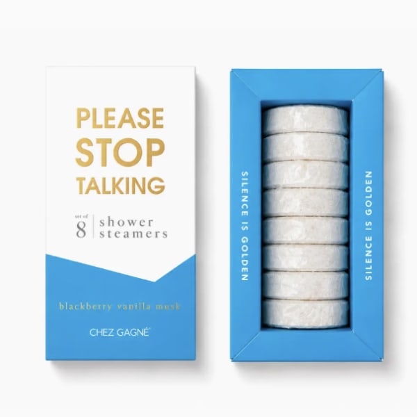 Boxed set of shower steamers with white and blue packaging