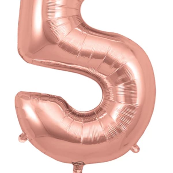 Rose gold foil balloon shaped like the number 5