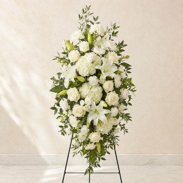 White funeral spray on a standing easel with lilies, roses, and hydrangeas
