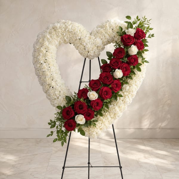 Heart-shaped floral wreath with white blooms and red roses on a stand