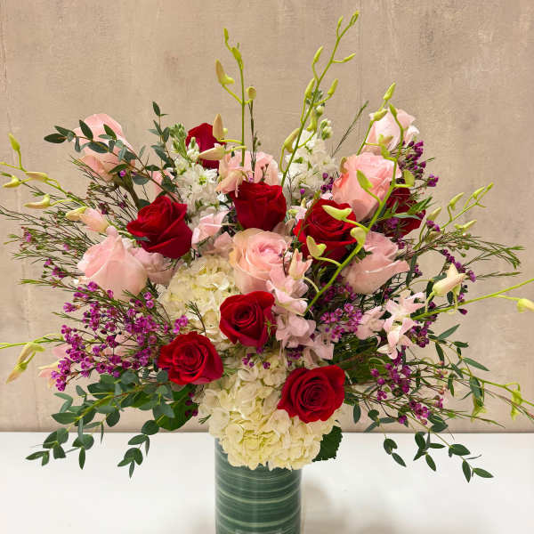 Red and blush roses in a tall green vase with white hydrangeas