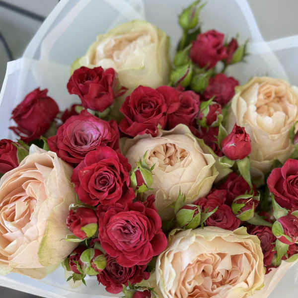Bouquet of blush and red roses wrapped in white paper