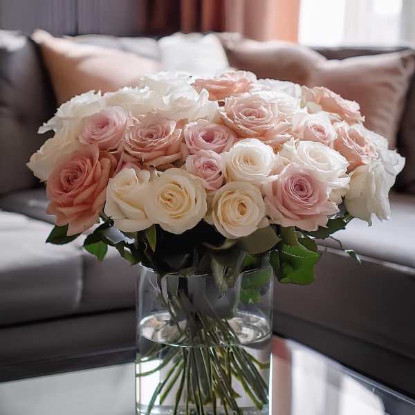 Bouquet of pale pink and white roses in a clear glass vase