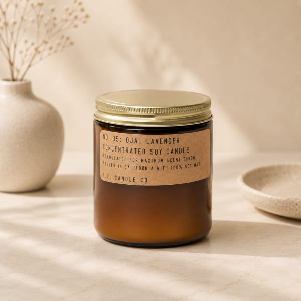 Amber jar candle with a gold lid and lavender label