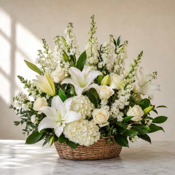 White lilies and roses arranged in a wicker basket
