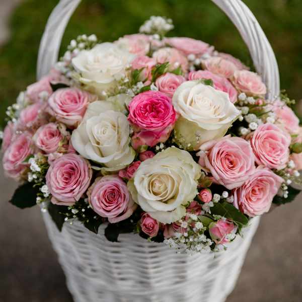 Pink and white roses arranged in a white basket