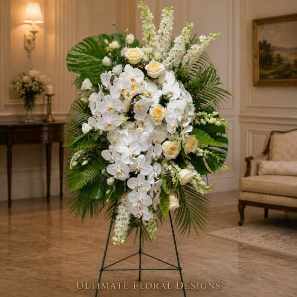 Large white floral standing arrangement with orchids and roses on a metal easel