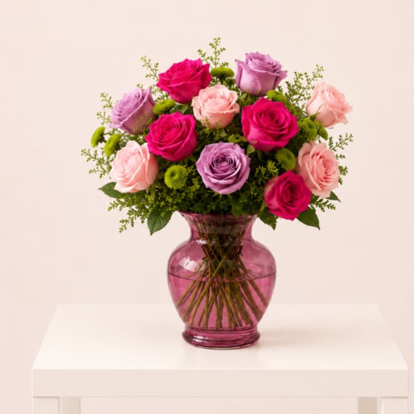 Garden Mix Roses in a Pink Vase