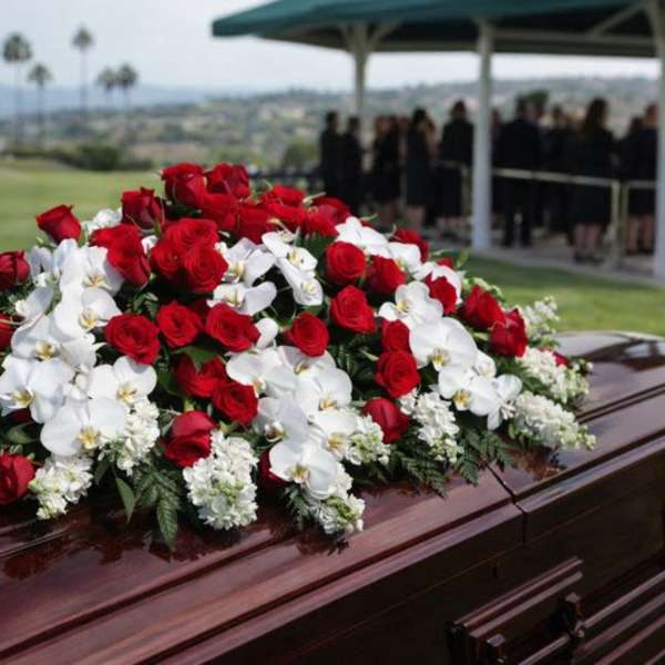 Red roses and white orchids arranged on a casket outdoors