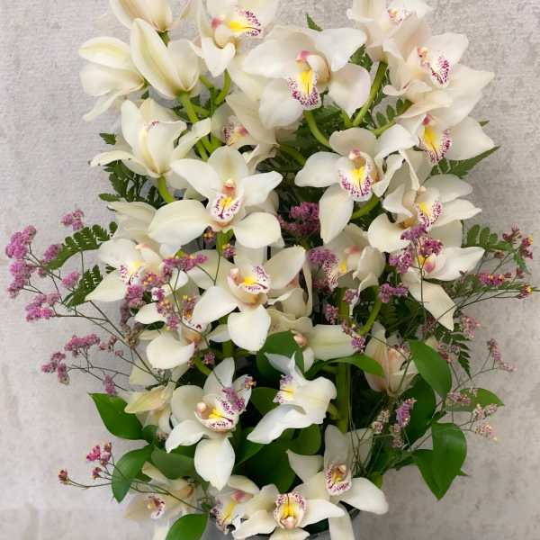 White orchids arranged in a gray pot with small purple filler flowers