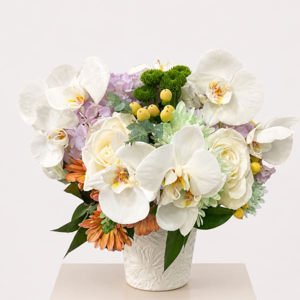 Ivory Garden Elegance | White Orchid & Rose Arrangement