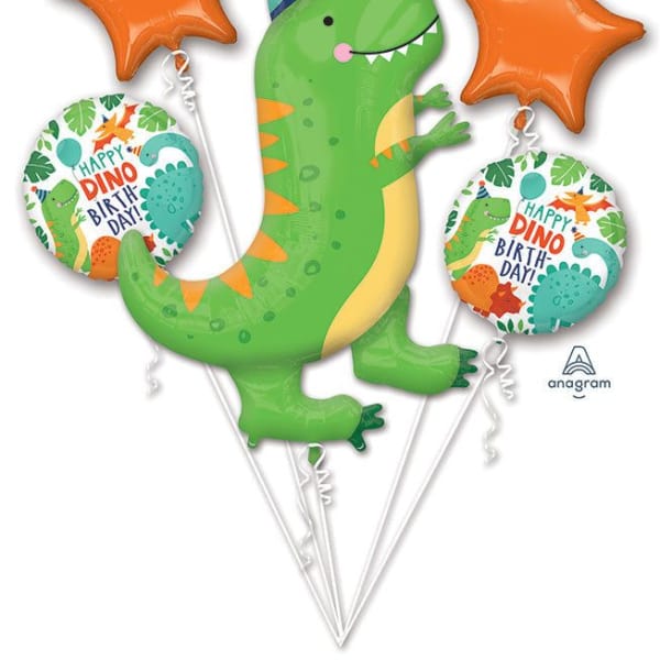 Dinosaur birthday balloon bouquet with orange star balloons