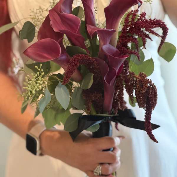 Bouquet of burgundy calla lilies with eucalyptus